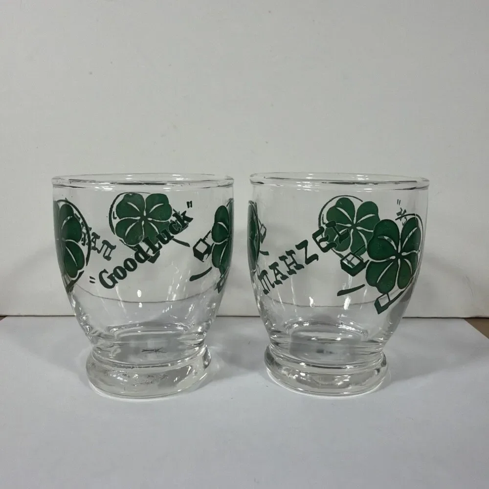 Good Luck Mahzel Four Leaf Clover Shot Glasses Set of 2 St. Patrick's Day 4 oz